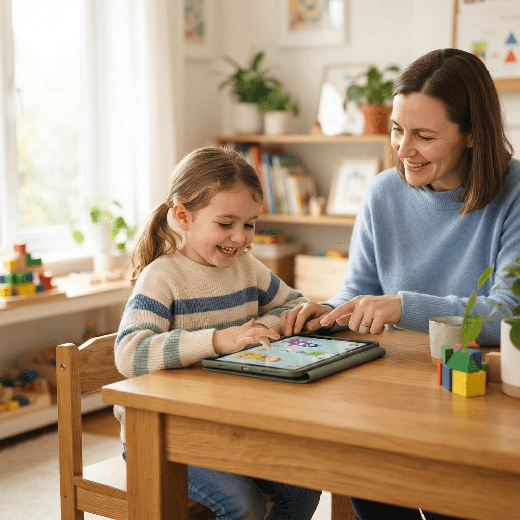 Criança sorrindo enquanto joga um jogo educativo do MindFocus em um tablet, acompanhada por um adulto